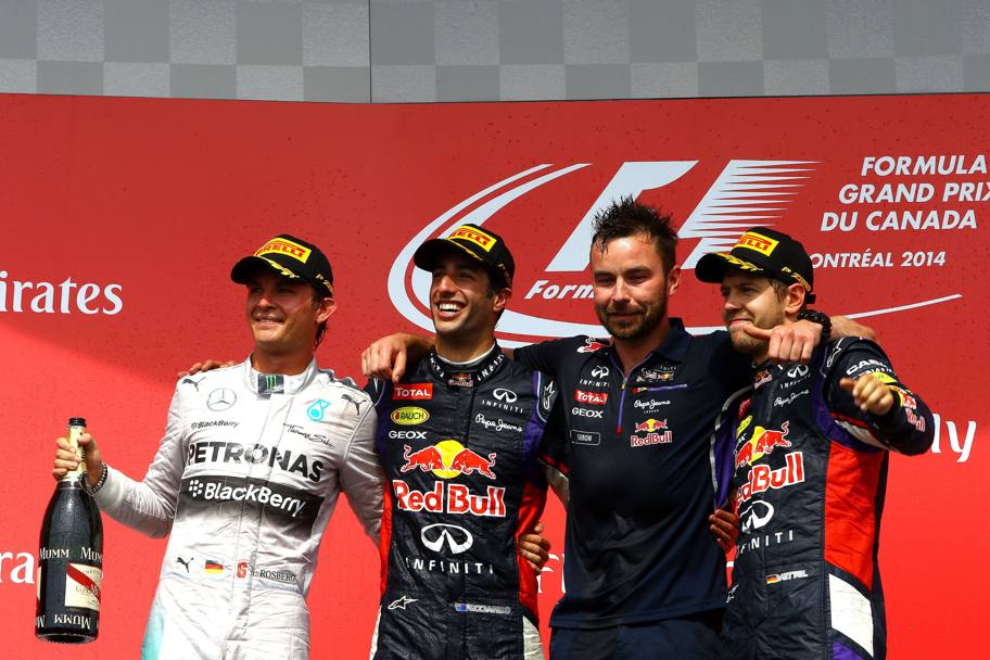 Da sinistra Rosberg, Ricciardo e Vettel (primo a destra). 